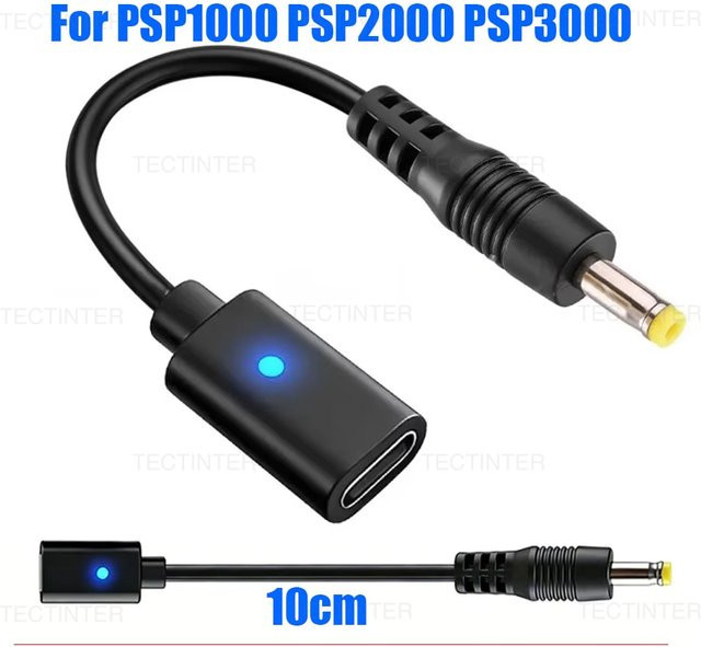 TECTINTER USB-C Ladeadapter für PSP 1000 2000 3000 Konsole in Schwarz mit LED-Konverter - Bild 1