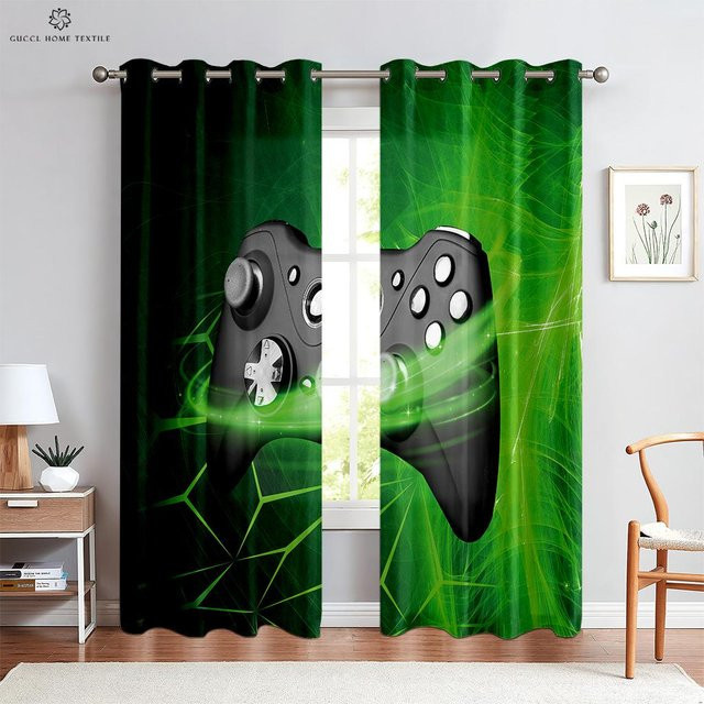 Chuanglan E-Sport Zimmergardinen mit Game-Controller-Muster, 2er-Set, Mehrfarbig/Grün, B: 50 cm, H: 130 cm - Bild 1