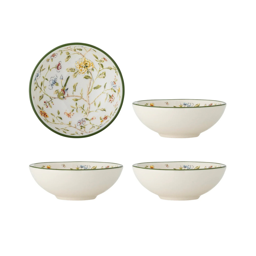 Bloomingville Bloomie Dessertschälchen 4er-Set aus Keramik, Floral, Weiß-Grün-Mehrfarbig, Durchmesser: 12 cm - Bild 1