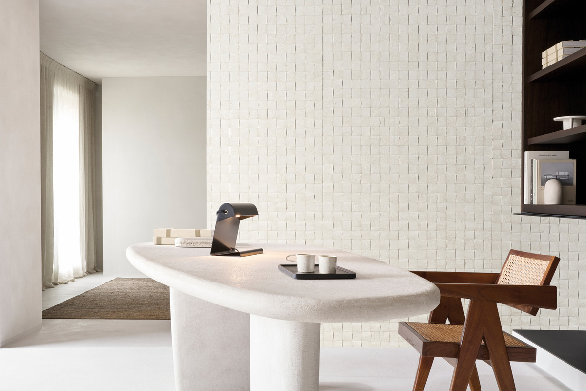 Omexco Tapete Impulse PU281 in Weiß mit Streifenmuster und Natur-Design - Bild 1