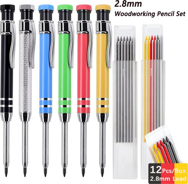 MROOFUL Professionelles Schreinerbleistift-Set aus Metall in Gelb mit 2,8 mm Graphit-Nachfüllminen und langer Nase für präzise Markierungen in der Holzbearbeitung - Bild 1