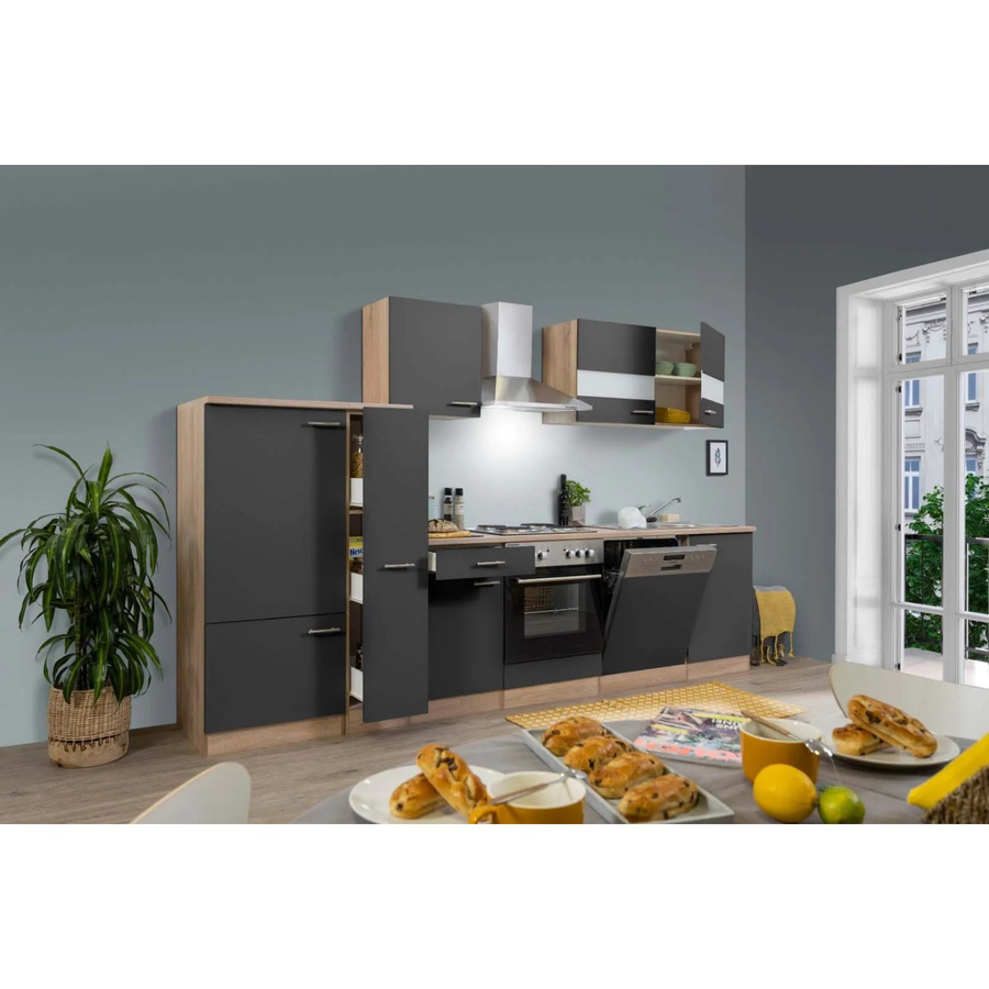 Respekta Küchenzeile Grau-Eiche Sägerau ohne Elektrogeräte mit Soft-Close-Glasfronten, Breite: 310 cm - Bild 2