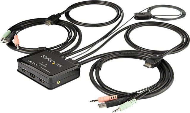 StarTech.com 2-Port HDMI KVM Switch mit integrierten Kabeln, USB-C und USB-A, 4K 60Hz, Audio-Switch mit 3,5 mm Klinke, Schwarz - Bild 1