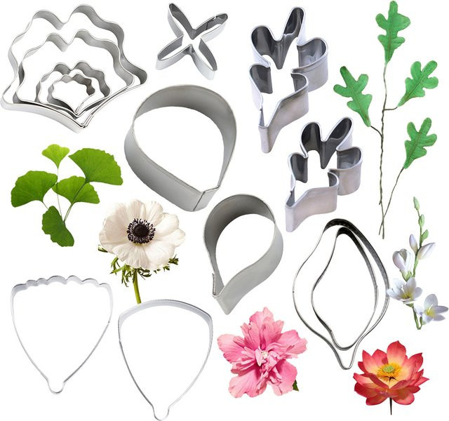 Edelstahlschneider Set mit 13 Mustern für Fondantblumen in Silber, ideal für DIY Zuckerblumen wie Lily, Ginkgo und Anemone - Bild 1