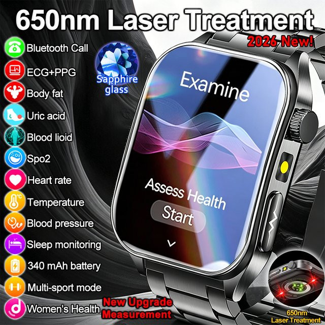 Yaocx Smartwatch mit 650nm Lasertherapie zur Blutdruckmessung, Harnsäure- und Lipid-Diagnose sowie Herzfrequenzmessung für Männer und Frauen, Schwarz, iOS-kompatibel - Bild 1