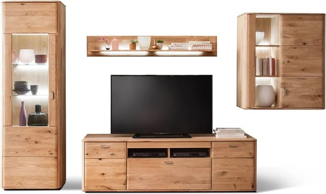 4-teilige Wohnwand Tentra aus massiver Eiche Bianco, modern mit Glasfronten und Soft-Close-Türen, Farbe Beige - Bild 1