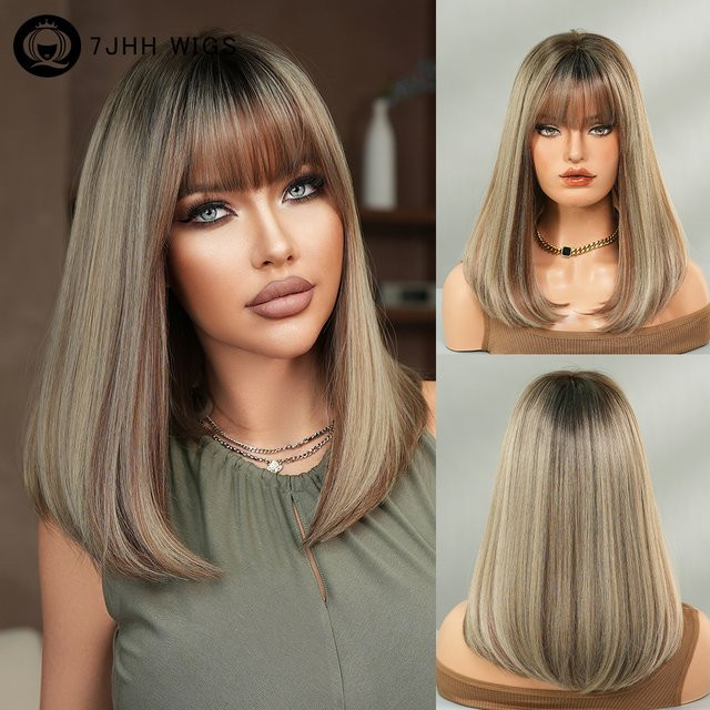 7JHH WIGS Perücke für Damen, schulterlang, gerade, braun, beige, synthetisch - Bild 1