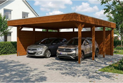 SKANHOLZ Carport Friesland Set C aus Fichte mit Seiten- und Rückwand in Nussbaum braun, B: 546 cm, T: 555 cm - Bild 1