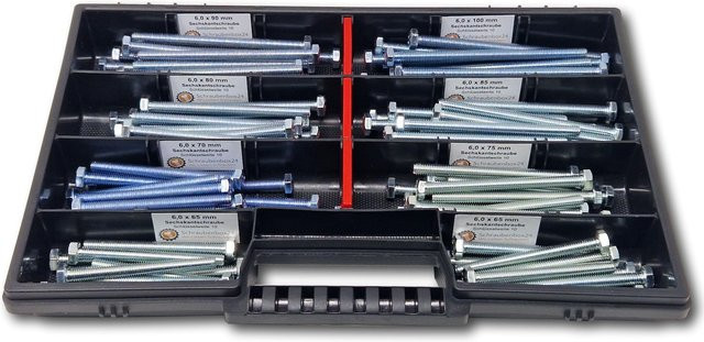 Schraubenbox24 Sechskantschrauben Sortiment M6, 110-teilig, verzinkt, Farbe: Silber, Länge: 65 mm bis 100 mm, DIN 933/ISO4017 Vollgewindeschrauben - Bild 1