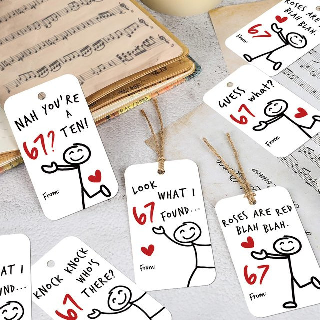 50 Stück Humor-Hängeetiketten mit Stick-Figuren Design in Weiß für Valentinstag, Hochzeitstag und Geschenke - Bild 1