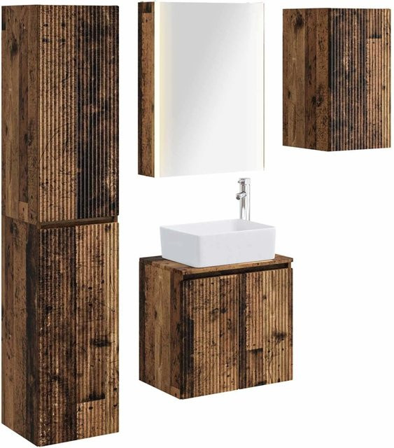 vidaXL Badezimmerschrank-Set aus Altholz in Braun, 5-teiliges Set mit Spiegelschrank, Wand- und Hochschrank mit LED-Beleuchtung und internen Regalen, B/T/H: 53 x 15,5 x 70 cm - Bild 1