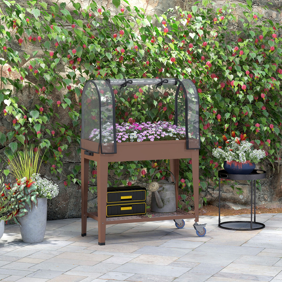 Outsunny Erhöhtes Blumenbeet mit Mini-Gewächshaus und Regal in Braun, B/T/H: 80 x 40 x 120 cm - Bild 2