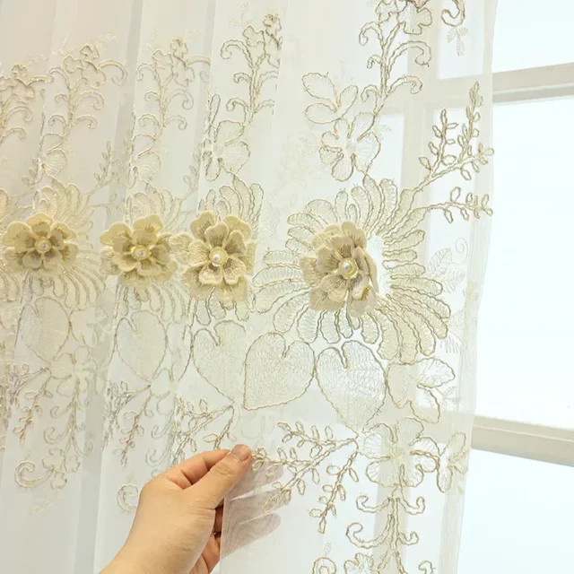 ZJBYZHOUSEHOLD Nordische Vorhänge aus bestickter Gaze mit floralem Muster in Weiß, transparent, B: 100 cm, H: 200 cm - Bild 1