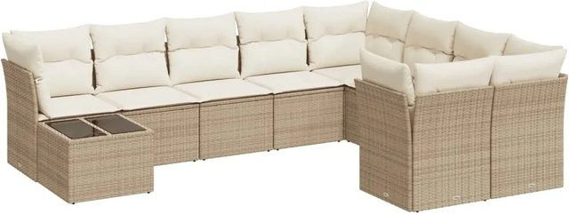 vidaXL 10-tlg. Garten-Sofagarnitur in L-Form aus Poly-Rattan mit Kissen und Gartentisch in Beige-Creme - Bild 1