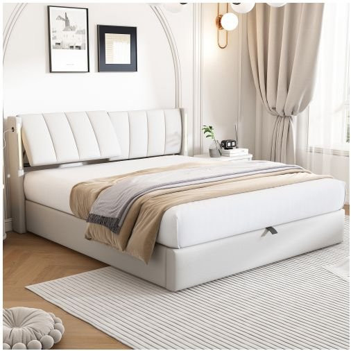 Gepolstertes Bett MUVOE Binaural in Weiß mit LED-Beleuchtung, USB-Ladeport und verstellbarem Kopfteil, B: 140 cm, L: 200 cm - Bild 1