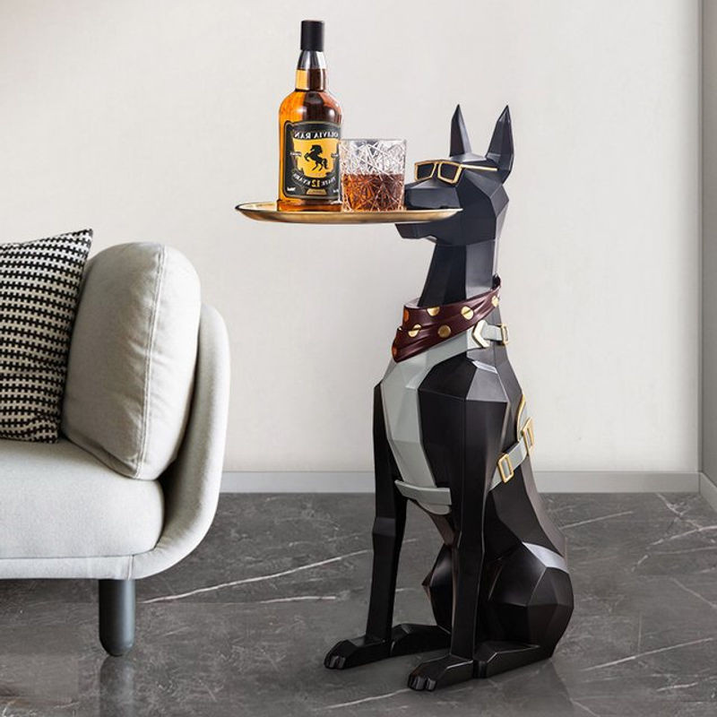 Milsccat Dobermann Hundestatue aus Kunstharz in Schwarz mit Tablett als moderne Dekoration und Schmuckhalter - Bild 1