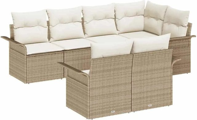 vidaXL Garten-Sofa-Set aus Polyrattan in Beige mit 7 Teilen und Kissen in L-Form - Bild 1