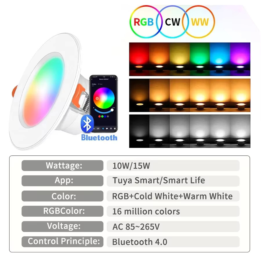 Tuya Bluetooth Smart LED Deckenleuchte RGB mit Warmweiß und Kaltweiß, dimmbar per App, 15W Einbauleuchte - Bild 5