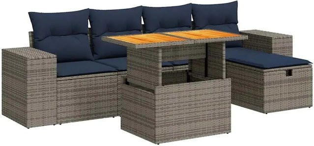 vidaXL 6-teilige Garten-Sofagarnitur aus Poly-Rattan und Akazienholz in Schwarz mit Kissen - Bild 1