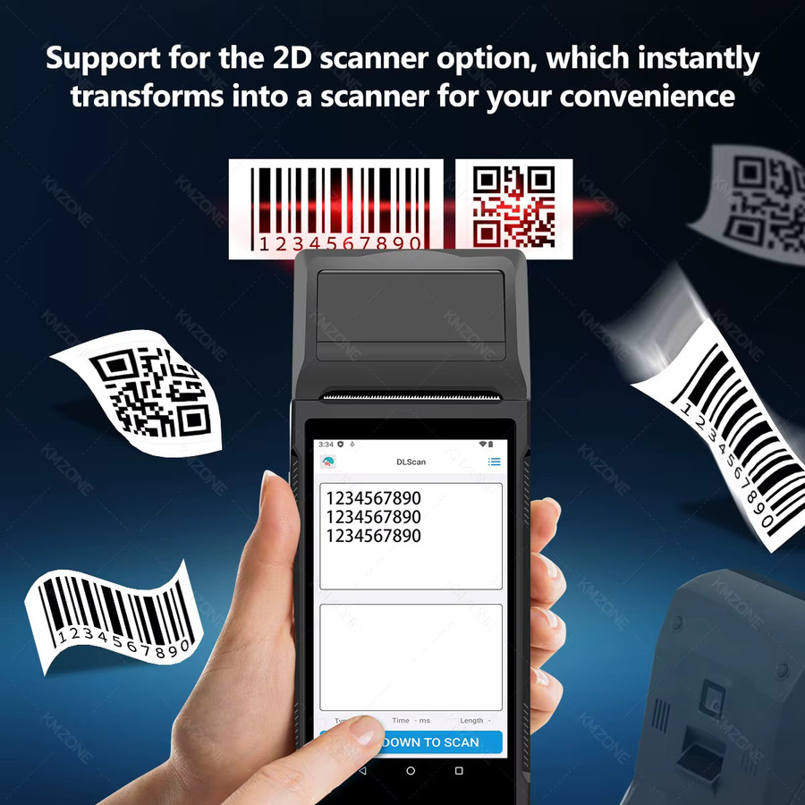 KMZONE Android POS-PDA Handheld-Terminal mit 2D-Barcode-Scanner, NFC, 58-mm-Thermaldrucker und 4G, Schwarz - Bild 4