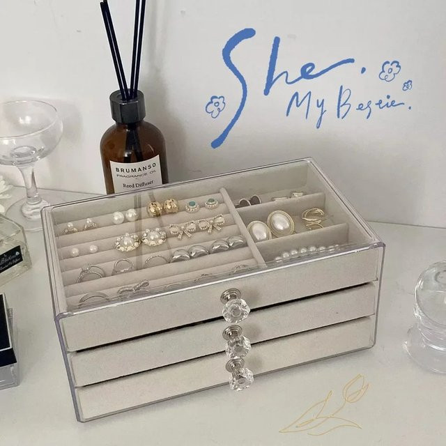 LDCX Schmuckbox aus Acryl mit Schublade für Perlenarmbänder und Ohrringe, Desktop-Organizer in Transparent und Grau - Bild 1
