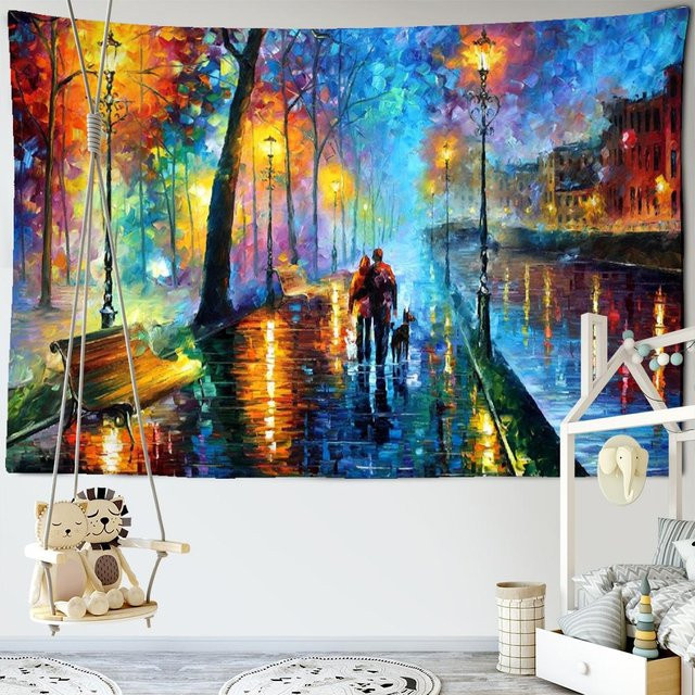 Wandteppich Super Six mit Van Gogh Ölgemälde Nachtansicht und romantischem Liebespaar in Blau und Multicolour, Boho-Wandbehang für deine Heimdekoration, Breite: 95 cm, Höhe: 70 cm - Bild 1