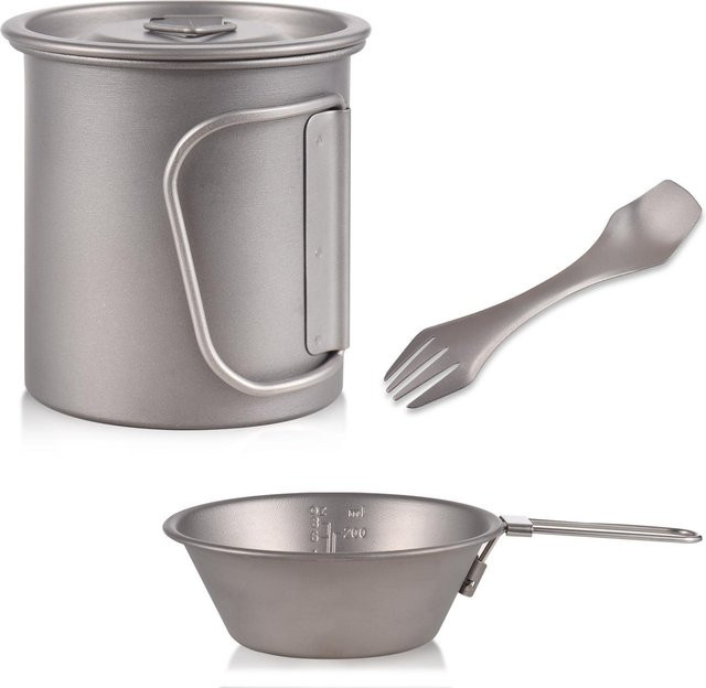 TOMTOP JMS Camping Besteck Set aus Titan mit Tasse, Schüssel und Spork in Grau, 3-teiliges Outdoor Geschirr Set - Bild 1