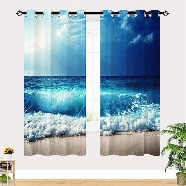 2er-Set Fenstervorhang mit Naturmotiv und Meeresdesign in Blau, halbtransparent aus Polyester, Breite: 65 cm, Höhe: 60 cm - Bild 1