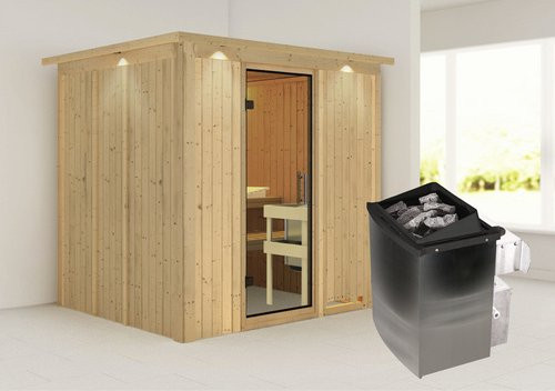 Karibu Sauna Rakvere aus Fichtenholz mit 9 kW Saunaofen und integrierter Steuerung für 3 Personen, beige, B/T/H: 210 x 184 x 202 cm - Bild 1