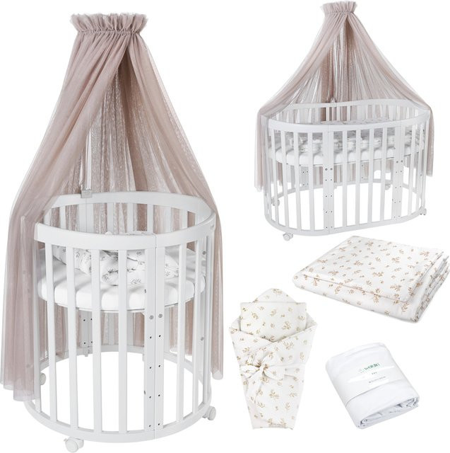 Waldin Babybett OWAL 7in1 Kinderbett aus Buchenholz mit Matratze, mitwachsendes Kinderbett, lackiert - Bild 1