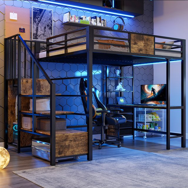 Multifunktionales Metall-Hochbett in Schwarz mit integriertem Schreibtisch, Kleiderschrank, Staufächern, LED-Beleuchtung und USB-Steckdose, B/T: 140 x 200 cm - Bild 1