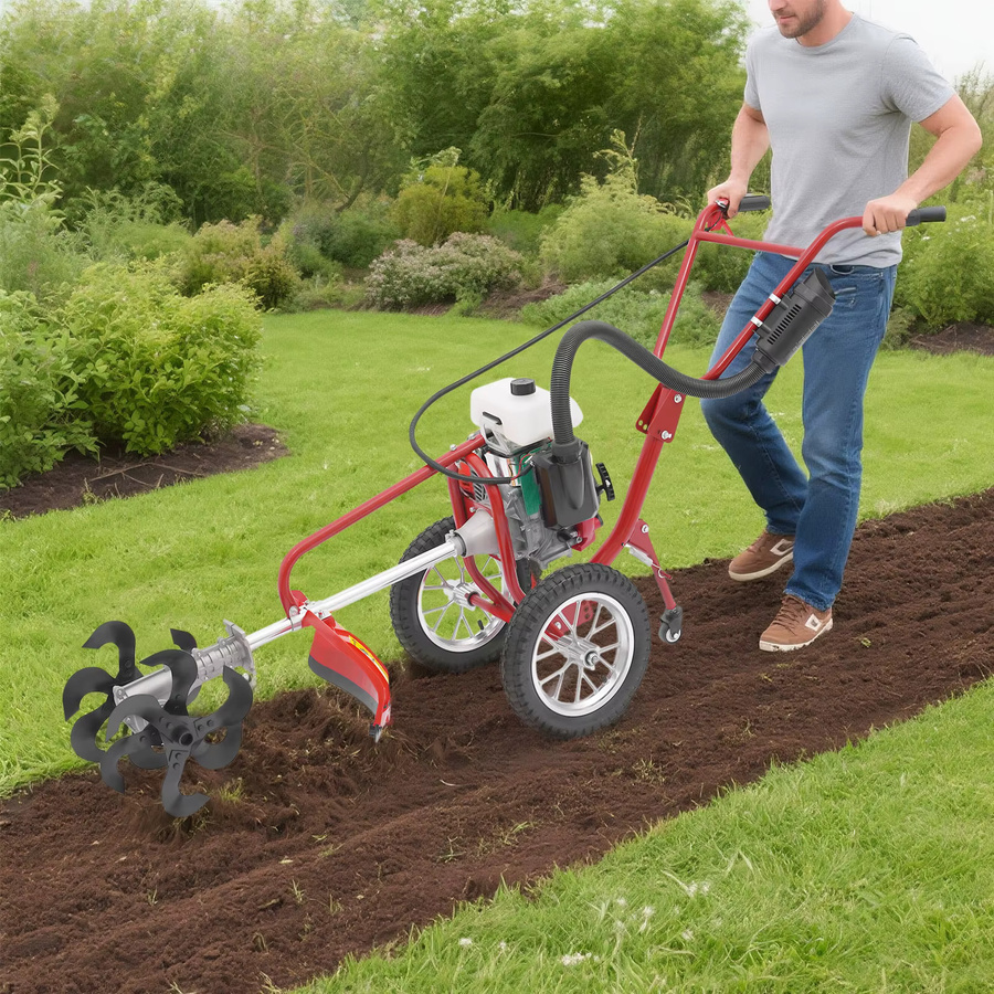 Bymaocar 3-in-1 Mini-Kultivator mit 4-Takt-Benzinmotor als handgeführte Bodenfräse und Gartenpflug in Rot - Bild 2