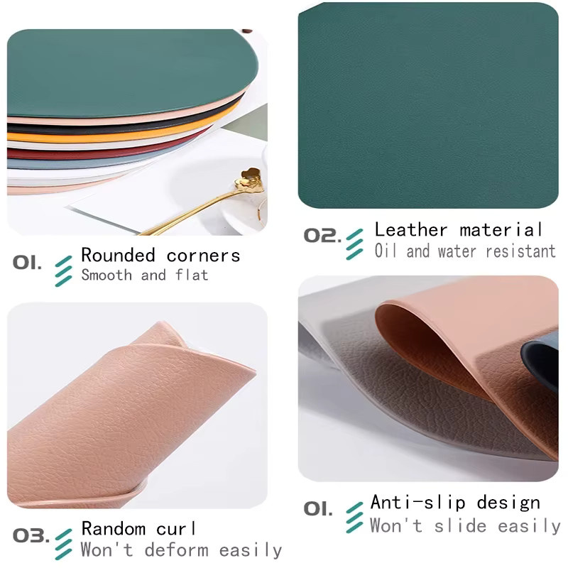 Inyahome Set aus ovalen Tischsets und Untersetzern aus Kunstleder in Grün, modern und wasserfest für Küche, Esszimmer und Outdoor - Bild 4