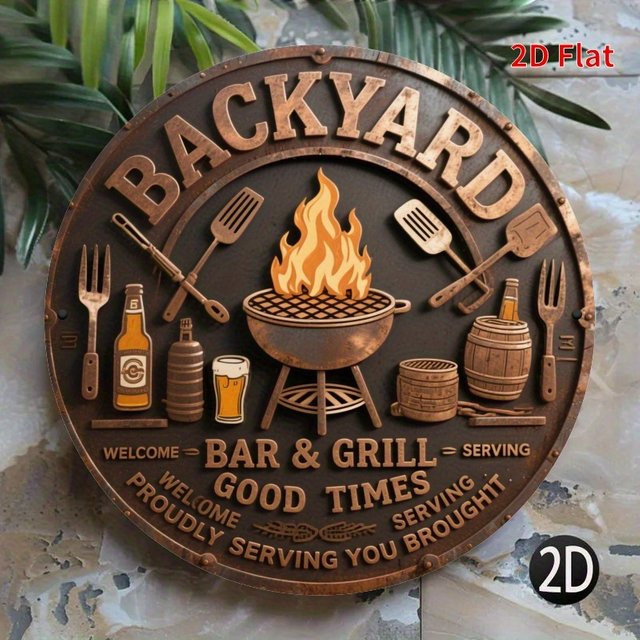 Potdemiel Vintage Metallschild Bar & Grill als runde Eisenwanddekoration mit Grillszene, Durchmesser: 19,81 cm - Bild 1