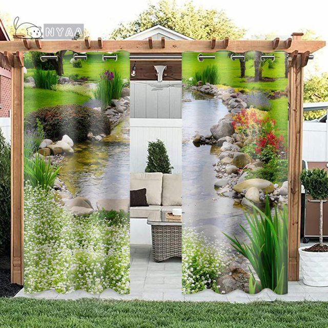 A Family Of Home Textiles Outdoor Pavillon Vorhang Set Grün Natur Design, 2 Panels Semi-Transparent mit Ösen, B: 50 cm, H: 50 cm pro Panel - Bild 1