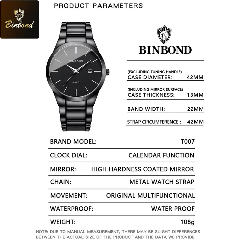 BINBOND Armbanduhr, Quarz, Edelstahl, Schwarz, Herren - Bild 3
