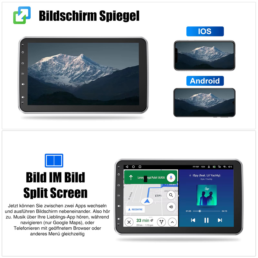 ESSGOO Universal Autoradio mit 10,1 Zoll Touchscreen, Android 15, 64GB, Schwarz, 1 DIN, Kabelloses CarPlay, Android Auto, GPS, WiFi, Bluetooth und RDS - Bild 6