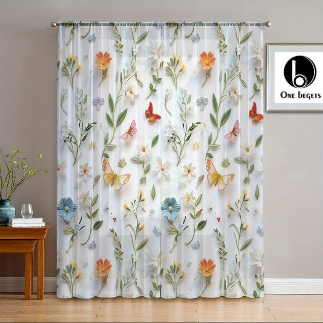 2er-Set Yiran Furniture Gartenstil Vorhänge mit Blumenmuster, transparentes Polyester, UV-beständig, Höhe: 130 cm, Breite: 100 cm - Bild 1