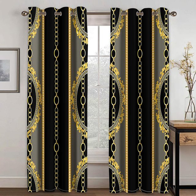 A Family Of Home Textiles Barock Luxus Designer Vorhang Set in Schwarz und Gold, 2 semi-transparente Stoffbahnen, B/H: 220 x 214 cm - Bild 1