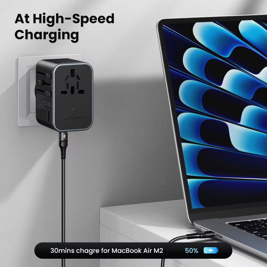 ASOMETECH 65 W GaN Internationaler Reiseadapter mit PD3.0 QC3.0 PPS und 3 USB Anschlüssen in Schwarz - Bild 3