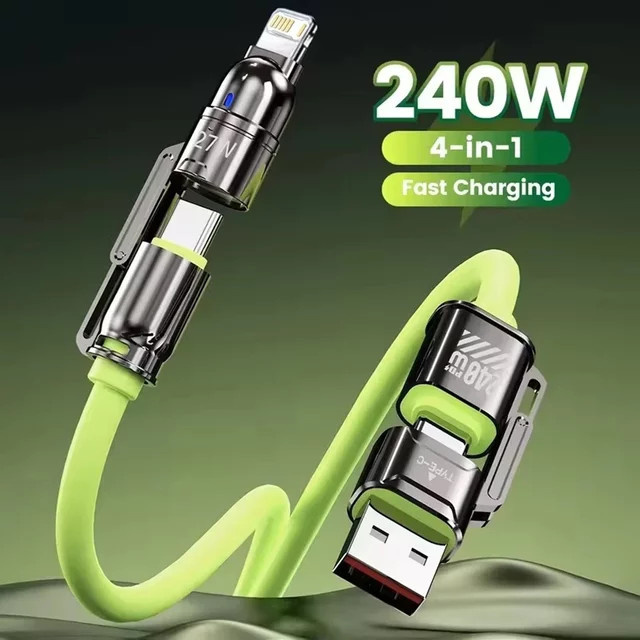 4 in 1 Schnellladekabel mit 240 W und Dual Typ-C, Lightning sowie USB Ports in Gelb für iPhone, Samsung, Huawei und Xiaomi - Bild 1