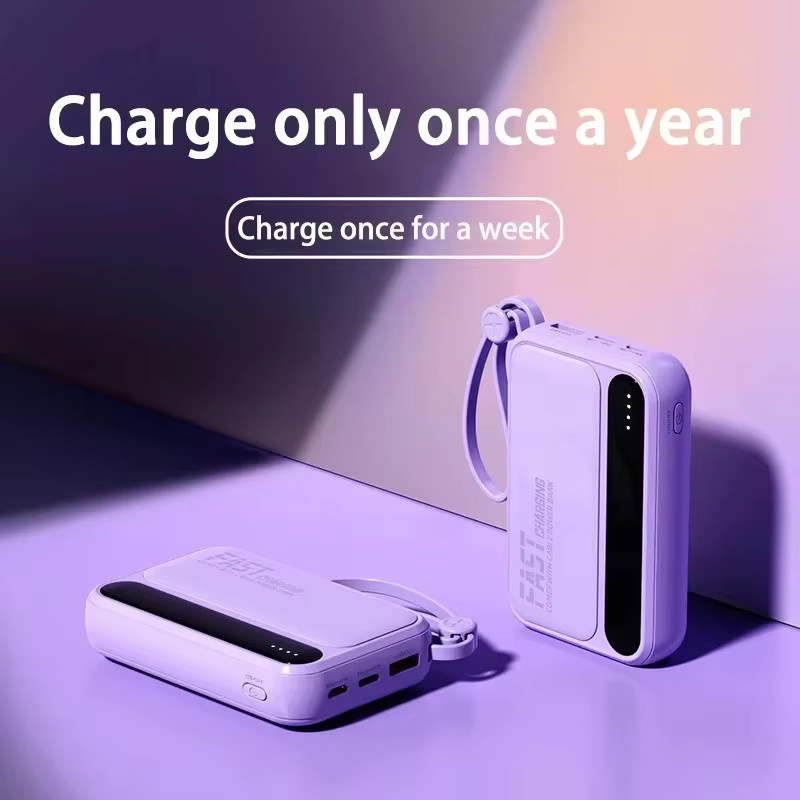 Lenovo Neue Mini Powerbank mit 10000 mAh Kapazität und 4 integrierten Kabeln in Lila für iPhone, Samsung und Xiaomi - Bild 2