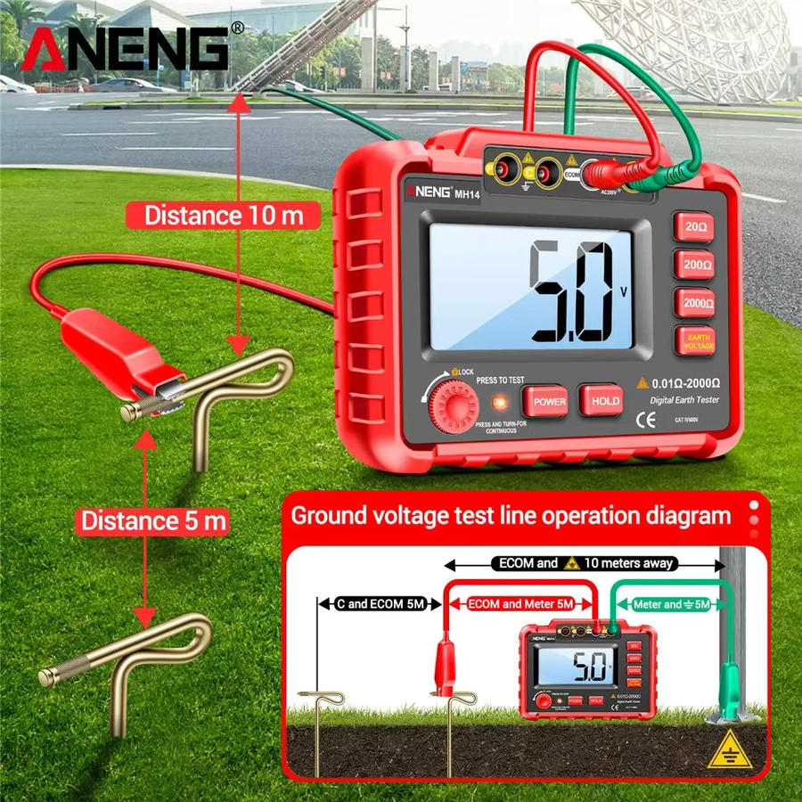 ANENG MH14 Digitales Widerstandsmessgerät Erdungstester mit Voltmeter und Megohm-Messfunktion in Rot - Bild 2