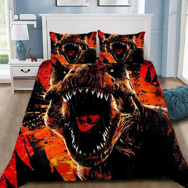 Gu Tao Bettwäsche-Set Dinosaurier Park Welt mit Bettbezug und Kissenbezügen, Orange, B/H: 135 x 200 cm - Bild 1