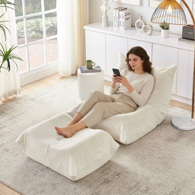 Ye Lazy Sofa Relaxsessel mit Rückenlehne und Fußhocker aus weichem Teddyfell in Beige - Bild 1