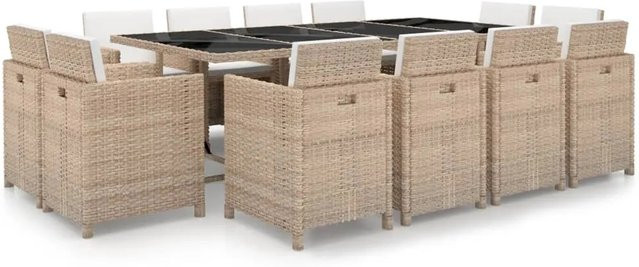 vidaXL 13-teilige Garten-Essgruppe aus Poly Rattan in Beige mit Glas-Tischplatte und wetterfesten Auflagen - Bild 1