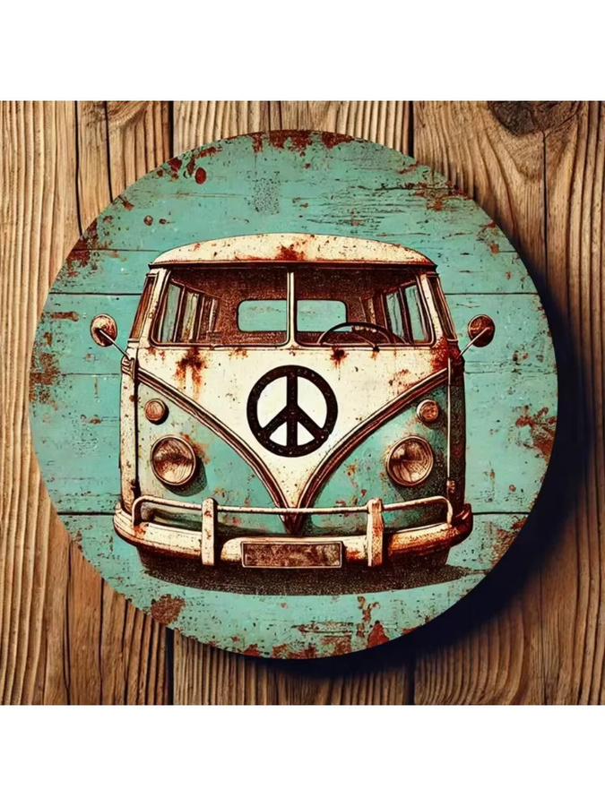 Potdemiel Vintage Hippie Van Wandkunst aus Metall, Rundes Retro Friedenszeichen Schild in Multicolour, Durchmesser: 20 cm - Bild 4