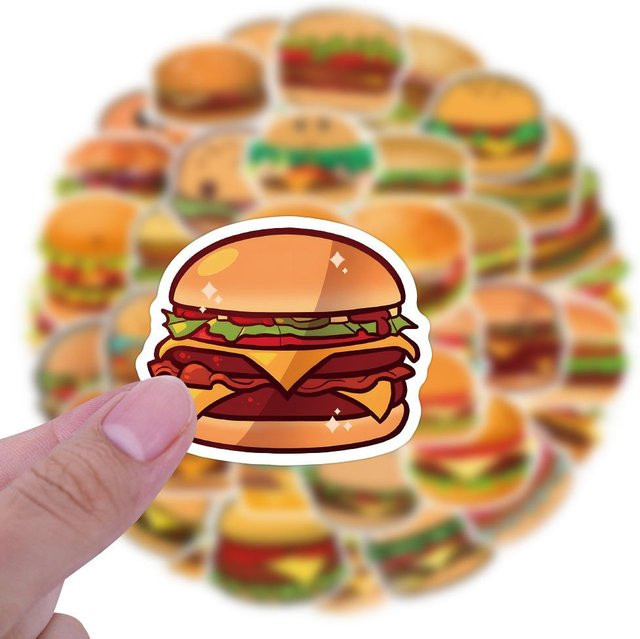 60 Stück Cartoon Hamburger Graffiti Aufkleber von Binchi Outdoor Product, wasserfeste DIY Dekoration für Laptop, Notizbuch und Koffer, Mehrfarbig - Bild 1