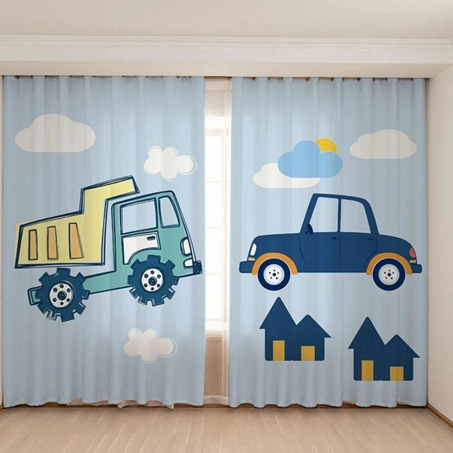 Yiran Furniture Vorhang Set mit Spielzeugauto-Bagger Motiv für Kinderzimmer in Blau und Gelb, 2 Paneele, Breite: 65 cm, Höhe: 60 cm - Bild 1