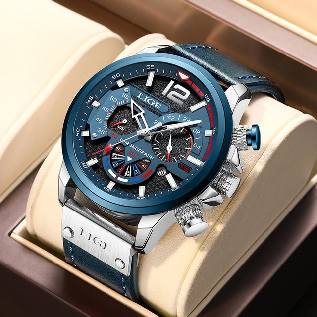 LIGE Chronograph Herrenuhr, Quarz, Leder, Edelstahl, Silver blue - Bild 1